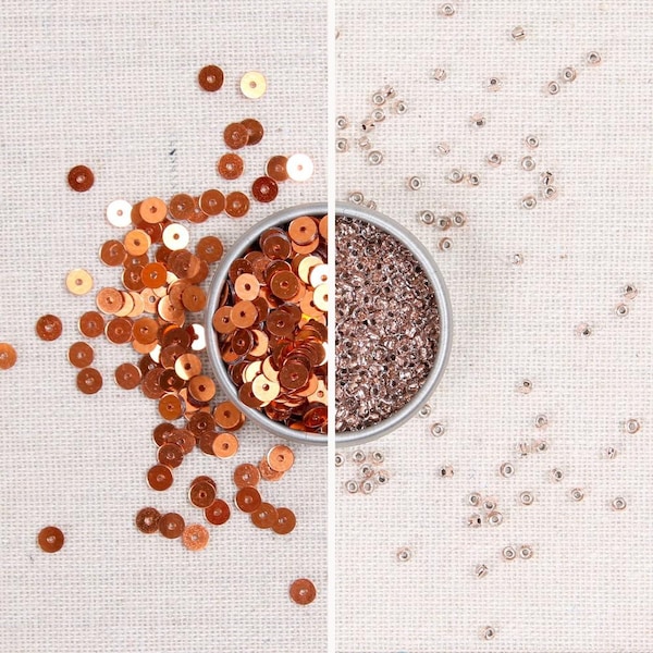 Sequins & Beads // Copper Metallic Sequins, Rose Gold Seed Beads, Orange Flat Sequins, Sequin Appliqué, Felt Embellishment, Size 11 Beads