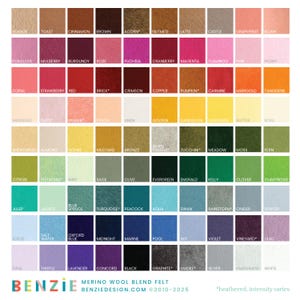 May include: A colour chart of 100 merino wool blend felt swatches. The swatches are arranged in rows and columns, with each swatch labelled with a colour name. The colours range from light to dark, and from cool to warm. The chart is a great resource for crafters and designers who are looking for inspiration or for a specific colour.