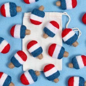 Red, White Blue Popsicles // Felt Shapes // Wool Popsicle, Felt Pom Poms, DIY Garland, Mini Felt Popsicle, Photo Props, Popsicle Decor image 1