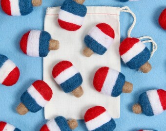 Red, White + Blue Popsicles // Felt Shapes // Wool Popsicle, Felt Pom Poms, DIY Garland, Mini Felt Popsicle, Photo Props, Popsicle Decor