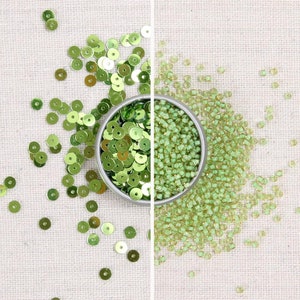 May include: Two containers of green sequins and beads. One container holds round green sequins and the other holds small, square green beads.