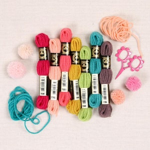 May include: A collection of DMC embroidery floss skeins in shades of magenta, peach, coral, mustard yellow, lime green, teal, and plum. Includes loose yarn, small pink pom-poms, and pink flower-shaped scissors on a neutral fabric background.