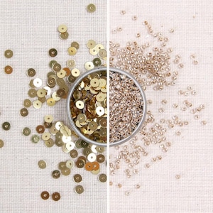 Sequins & Beads // Gold Metallic Sequins, Gold Seed Beads, 4mm Flat Sequins, Bead Embroidery, Glass Beads Size 11, Dress Making, Beadworking