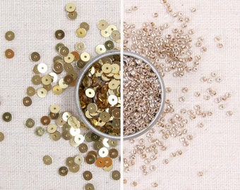 Sequins & Beads // Gold Metallic Sequins, Gold Seed Beads, 4mm Flat Sequins, Bead Embroidery, Glass Beads Size 11, Dress Making, Beadworking