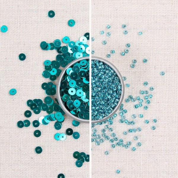 Sequins & Beads // Teal Metallic Sequins, Turquoise Seed Beads, 4mm Flat Sequins, Sequin Appliqué, Bead Embroidery, Glass Beads Size 11