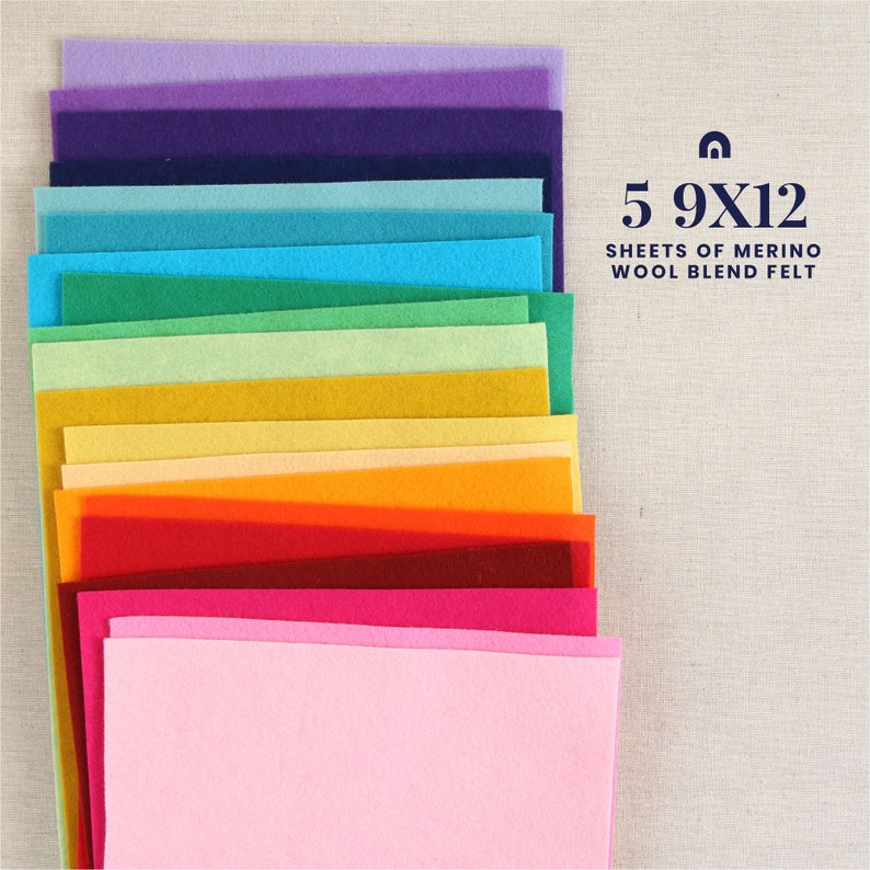 May include: Five 9x12 inch sheets of merino wool blend felt in a rainbow of colors, including purple, blue, green, yellow, orange, red, pink.