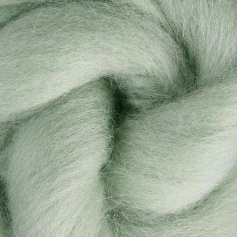 May include: Close-up of a mass of light green wool roving. The fibers are soft and fluffy, with a slightly textured appearance. The wool is tightly packed and appears to be ready for spinning or felting. The color is a muted, pastel green.