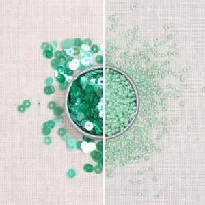 Sequins & Beads // Jade Green Iridescent Sequins, Mint Green Seed Beads, Translucent 4mm Flat Sequins, Sequin Supplier, Glass Beads Size 11