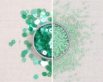 Sequins & Beads // Jade Green Iridescent Sequins, Mint Green Seed Beads, Translucent 4mm Flat Sequins, Sequin Supplier, Glass Beads Size 11