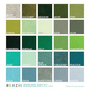 May include: A colour chart of 20 different shades of green, blue, and grey felt. The felt swatches are arranged in a grid of five rows and four columns. The names of each colour are listed below the swatches. The text "MERINO WOOL BLEND FELT" is at the bottom of the chart, along with the website address "BENZIEDESIGN.COM" and the copyright information "&copy;2010-2025".