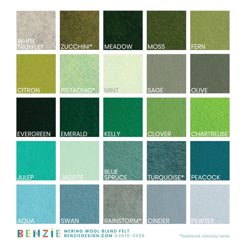 May include: A colour chart of 20 different shades of green, blue, and grey felt. The felt swatches are arranged in a grid of five rows and four columns. The names of each colour are listed below the swatches. The text "MERINO WOOL BLEND FELT" is at the bottom of the chart, along with the website address "BENZIEDESIGN.COM" and the copyright information "&copy;2010-2025".
