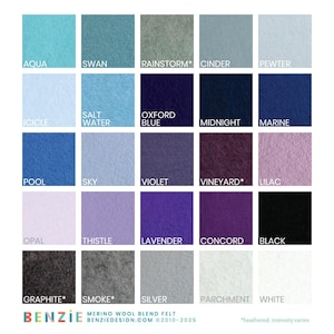 May include: A colour chart of 20 merino wool blend felt swatches. The swatches are arranged in five rows of four, with each swatch labelled with a colour name. The colours range from light blue to dark purple, with some heathered options.