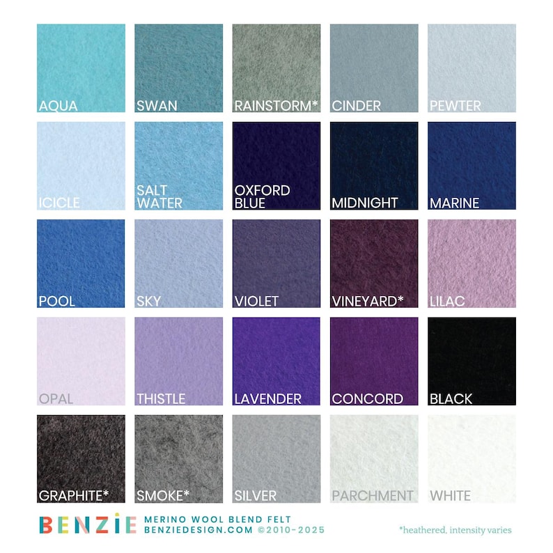 May include: A colour chart of 20 merino wool blend felt swatches. The swatches are arranged in five rows of four, with each swatch labelled with a colour name. The colours range from light blue to dark purple, with some heathered options.