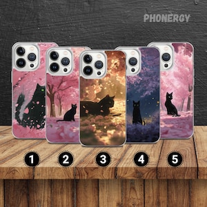モネの黒猫携帯ケース 桜柄カバー iPhone 16e、14、13、12、11、SE、Samsung S25、A15、S21、S23 Ultra、Google Pixel 8、9 Pro用