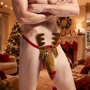 以下が含まれることがあります： クリスマスをテーマにした、ぬいぐるみトナカイのデザインの斬新なTバック。トナカイは茶色の角、茶色の頭、赤い鼻をしています。Tバックは赤いストラップが付いています。背景にはクリスマスツリーと暖炉が写っています。