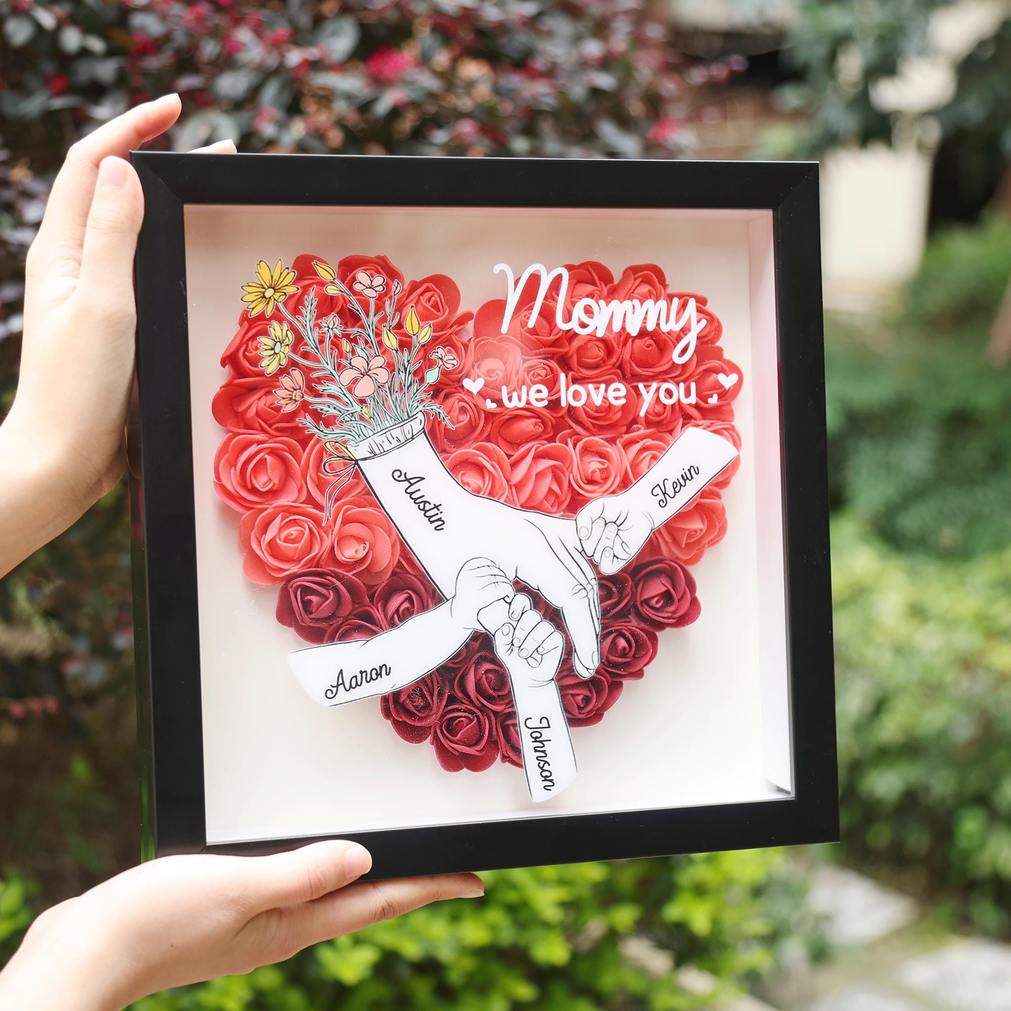Custom Rose Heart Frame For Mom,Personalized Flower Hand in Hand Shadow Box,Custom Wood Heart Rose Frame with Name,Family Gift