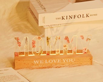 Personalized Mommy Night Light,Custom Wooden LED Light with Kids Birth Flower,Birthday Flower Night Light,Mother&#39;s Day Gift,Gift for Grandma