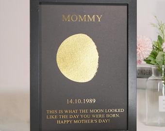 Custom Foil Moon Phase Print Frame for Mom,Celestial Keepsake,Personalized Anniversary Date & Moon Map Art,Father’s Day Gift,Birthday Gift