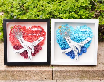 Personalized Flower Hand in Hand Shadow Box,Custom Wood Heart Rose Frame with Name and Text,Gift for Mom,Gift for Her,Birthday Gift