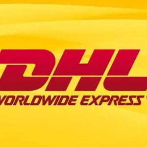May include: The DHL Worldwide Express logo features bold red lettering on a yellow background. The logo includes the letters "DHL" in a stylized font, with the words "WORLDWIDE EXPRESS" below.