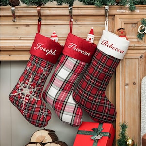 Custom Christmas Stockings with Embroidered Names, Plaid Designs,Snowflake Designs, Festive Mantelpieces, Christmas Decorations,Family Gifts