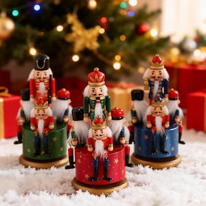May include: A collection of wooden nutcrackers in various colors, including red, green, and blue, with gold accents. Each nutcracker is standing on a cylindrical base decorated with gold stars. The background features a Christmas tree and wrapped gifts.