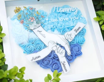 Custom Flower Frame Box,Personalized Flower Hand in Hand Shadow Box,Custom Wood Heart Rose Frame with Name,Gift for Dad,Anniversary Gift