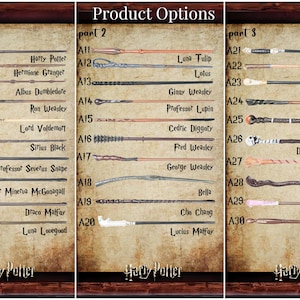 May include: A product options chart featuring various wands from the Harry Potter series. The wands are arranged in three columns, each labeled with a part number. Each wand is labeled with the character's name, such as Harry Potter, Hermione Granger, and Ron Weasley.