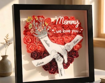 Personalizowane pudełko z napisem „Rodzina w Dłoniach”, ramka w kształcie serca z różami na Dzień Matki, spersonalizowane imiona