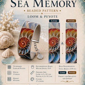 May include: A beaded bracelet pattern titled Sea Memory by Petralend, featuring a nautilus shell design. Includes loom and peyote charts, 27 colors, and 2759 total beads. Finished sizes are 4.3 x 15.1 cm for loom and 4.3 x 15.2 cm for peyote.