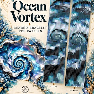 May include: Ocean Vortex beaded bracelet PDF pattern featuring two rectangular beadwork strips in shades of blue, black, and white. The design includes text reading Ocean Vortex, Beaded Bracelet PDF Pattern, Petralend, and Miyuki Delica 11/0.