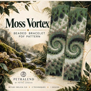 Op de afbeelding: Een digitaal PDF-patroon voor een kralenarmband genaamd Moss Vortex. Het ontwerp toont een wervelend patroon in groen, zwart en wit, gemaakt met Miyuki Delica 11/0 kralen. Het document bevat instructies voor zowel weefgetouw- als peyotetechnieken.