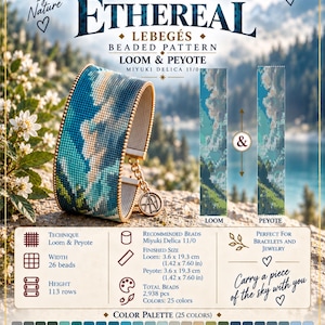 Puede incluir: Un patrón de pulsera de cuentas titulado Ethereal Lebegés para técnicas de telar y peyote con cuentas Miyuki Delica 11/0. El diseño muestra un paisaje azul y verde, 26 cuentas de ancho por 113 filas, con un tamaño final de 3,6 x 19,3 cm.