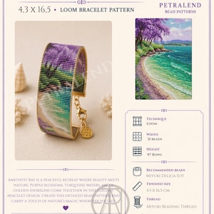 May include: A loom bracelet pattern titled Amethyst Bay featuring a landscape design with purple blossoms, turquoise water, and a golden shoreline. The document includes technical specifications, a colour palette, and a finished size of 4.3 x 16.5 cm.