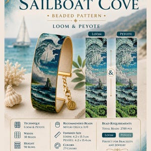 Puede incluir: Un patrón de pulsera de cuentas titulado Sailboat Cove de Petralend, con diseños para telar y peyote. La imagen muestra una pulsera terminada, dos gráficos de cuadrícula y especificaciones técnicas que incluyen 29 colores y 2700 cuentas.