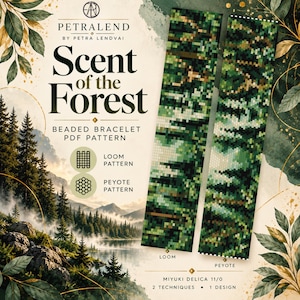 Op de afbeelding: Een digitaal PDF-patroon voor een kralenarmband getiteld Scent of the Forest door Petralend. Het ontwerp toont een gepixeld boslandschap in tinten groen, zwart en bruin, met instructies voor zowel weefgetouw- als peyote-kralenweeftechnieken.