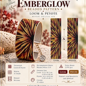 May include: A beaded bracelet pattern titled EMBERGLOW for loom and peyote techniques using Miyuki Delica 11/0 beads. The design features a radial burst of black, orange, red, and yellow colors. Includes a 21-color palette and finished size of 1.69 x 6.42 inches.