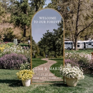 Custom Wedding Mirror Decal | &quot;Welcome To Our Forever&quot; Mirror Sign | Personalized Wedding Welcome Sign | Vinyl Decal for Mirror Display