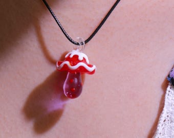 Handmade Red Mushroom Pendant Necklace, Magical Mushroom Jewelry, Hand Blown Art Lampwork Glass Pendant Necklace,Unique Gift for her