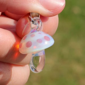 Glass Mushroom Pendant Necklace, Magical Mushroom Jewelry, Hand Blown Art Lampwork Glass Pendant Necklace on Pink Bead Chain ,Unique Gift
