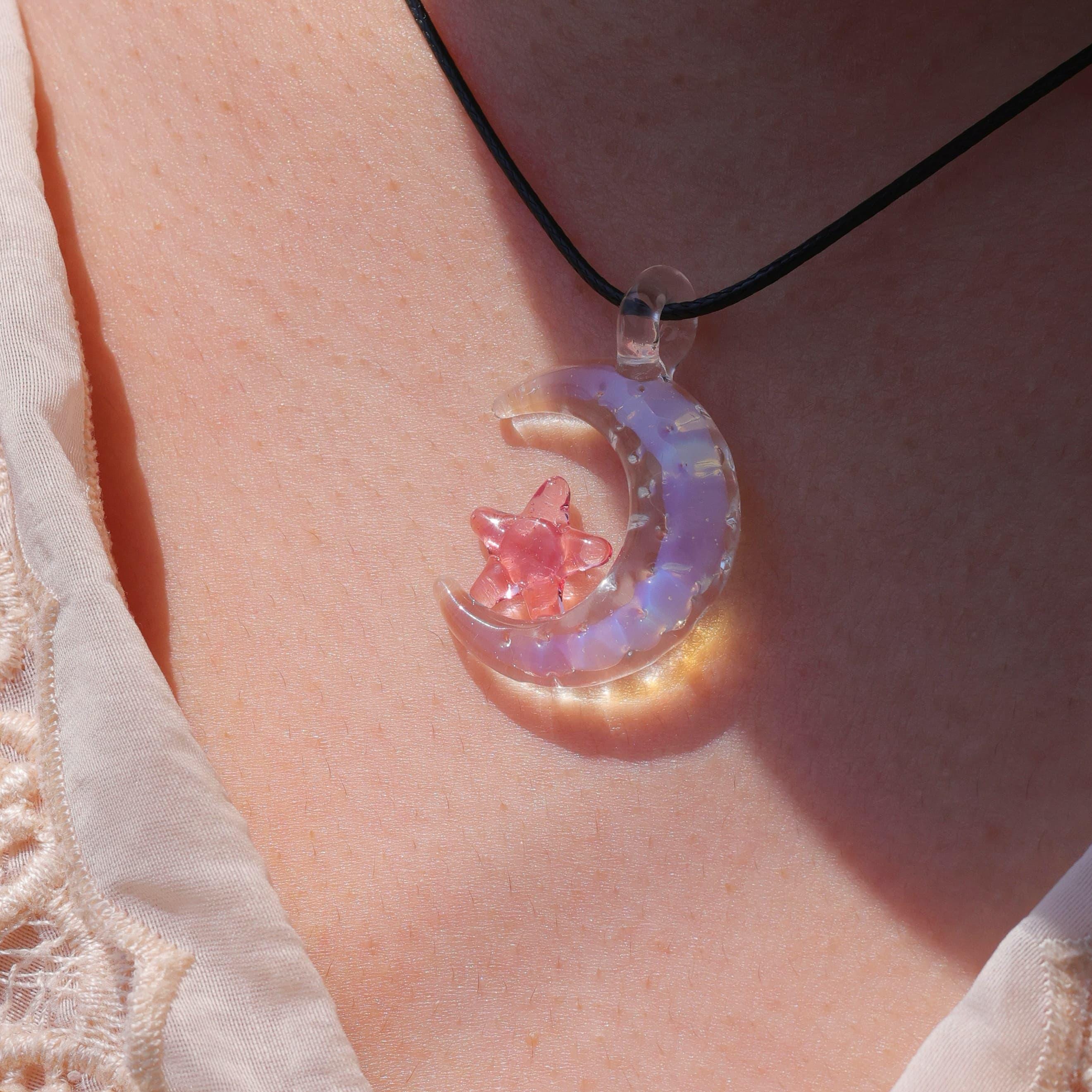 Handmade Glass moon with star pendant,Moon necklace, glass moon pendant, Crescent New Moon Necklace,Unique Gift for her,Charming Jewelry