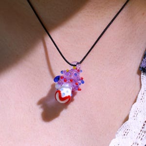 Glass Mushroom Pendant Necklace, Magical Mushroom Jewelry, Hand Blown Art Lampwork Glass Pendant Necklace on Pink Bead Chain ,Unique Gift