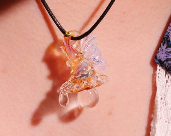 Glass Mushroom with Butterfly Necklace, Magical Mushroom Jewelry, Hand Blown Art Lampwork Glass Pendant Necklace ,Unique Gift for her