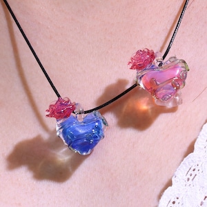 Handmade Glass Heart with Rose Pendant,Heart necklace,Anniversary gift,Heart jewelry,Glass heart,Unique Gift for friend,Glass Art Necklace
