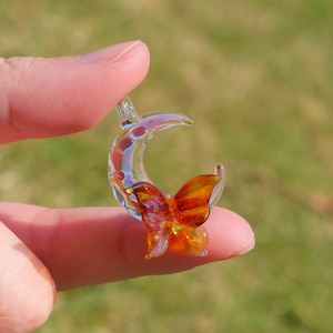 Handmade Glass moon with butterfly pendant,Moon necklace,glass moon pendant, Crescent New Moon Necklace,Unique Gift for her,Charming Jewelry