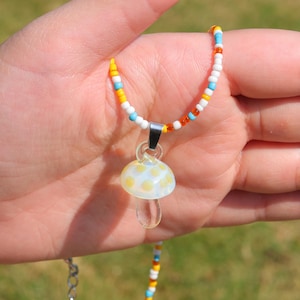 Glass Mushroom Pendant Necklace, Magical Mushroom Jewelry, Hand Blown Art Lampwork Glass Pendant Necklace on Yellow Bead Chain ,Unique Gift