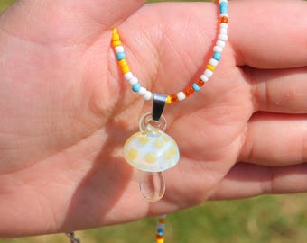 Glass Mushroom Pendant Necklace, Magical Mushroom Jewelry, Hand Blown Art Lampwork Glass Pendant Necklace on Yellow Bead Chain ,Unique Gift
