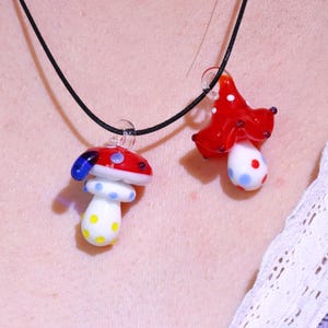 Glass Mushroom Pendant Necklace, Magical Mushroom Jewelry, Hand Blown Art Lampwork Glass Pendant Necklace on Pink Bead Chain ,Unique Gift