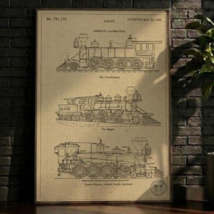 May include: A framed vintage-style patent print on tan grid paper featuring three black ink illustrations of American locomotives. The text reads No. 791,172, Patented May 30, 1905, Scraps, American Locomotives, The Consolidation, The Mogul, and Twelve-Wheeler.