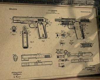 POSTER | wall art, Browning Pistol Patent Print, Retro Firearm Blueprint Poster, Antique Gun Schematic Wall Art, Armory Decor Digital
